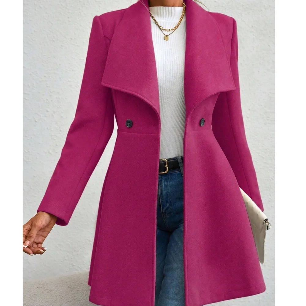Classic Wide Collar Flare Hem Button Oversized Pea Coat - Picture 2 of 13